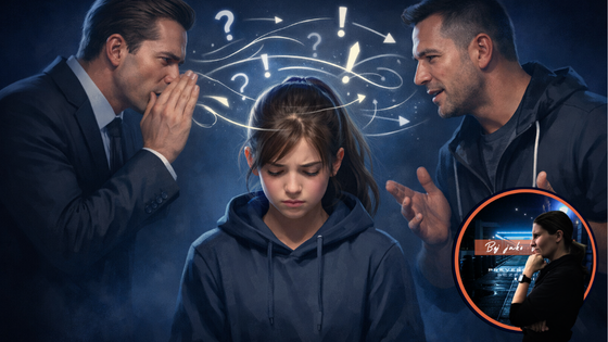 Ilustrační obrázek ženy pod tlakem mýtů o sebeobraně, dva muži jí vkládají pochybnosti do hlavy, tmavomodré pozadí.