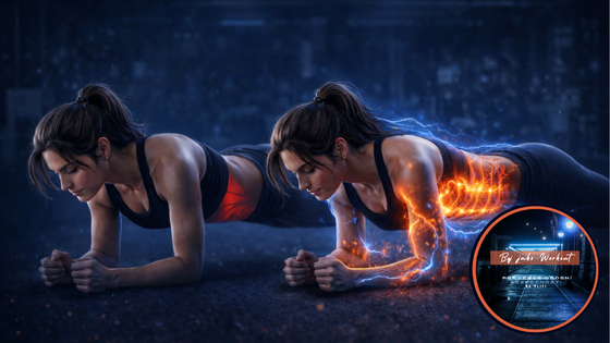 Žena ve cviku plank s vizuálně zvýrazněnou aktivací břišních svalů a hlubokého stabilizačního systému po EMS stimulaci.