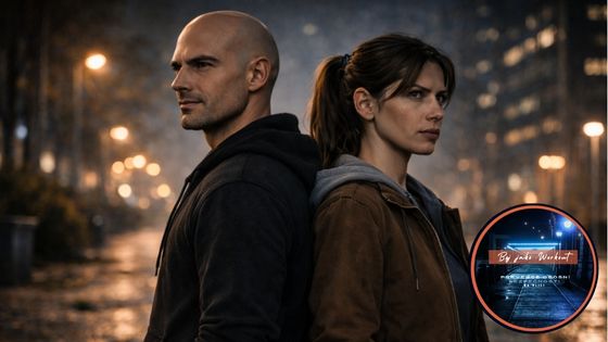 Muž a žena stojí zády k sobě v nočním městě a ostražitě sledují okolí jako přirozená obranná reakce na možné ohrožení.