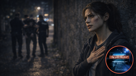 Žena po sebeobraně stojí opřená o zeď a uklidňuje se, v pozadí svědci pomáhají zadrženému agresorovi