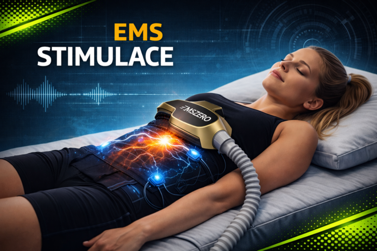 EMS stimulace břicha – žena leží při elektrostimulaci core