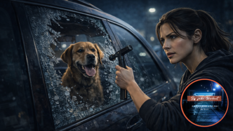 Žena v krizové situaci rozbíjí okno auta k záchraně života jako příklad krajní nouze podle zákona