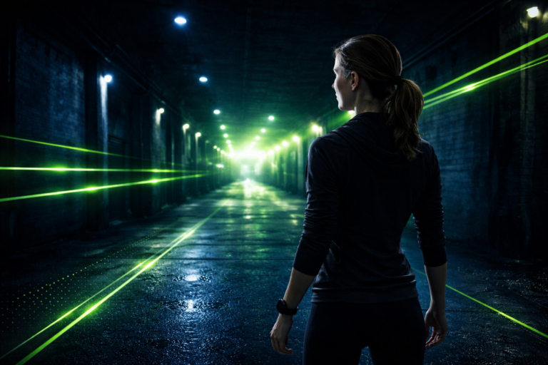 Žena stojící v&nbsp;nočním podchodu se zelenými světelnými liniemI.