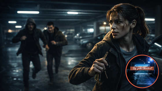 Žena v tmavém městském prostředí drží klíče od auta a ve stresu hledá vozidlo, zatímco v pozadí se pohybují dvě postavy – ilustrace selhání pracovní paměti v krizové situaci.