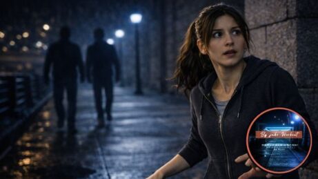 Žena na noční ulici ztuhlá v pohybu po překvapení neznámou osobou blížící se ze stínu