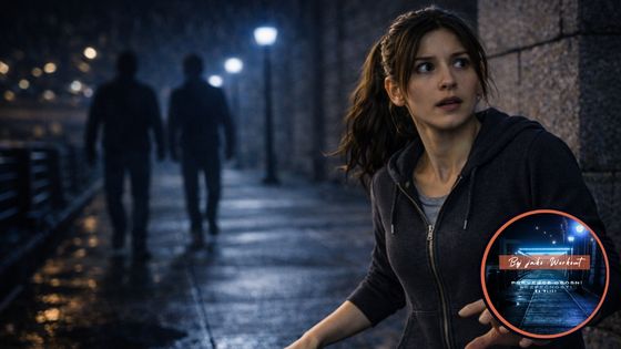 Žena na noční ulici ztuhlá v pohybu po překvapení neznámou osobou blížící se ze stínu