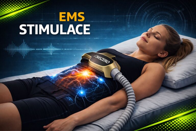EMS stimulace břicha – žena leží při elektrostimulaci core