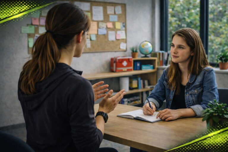 Individuální konzultace osobní bezpečnosti pro dospívající dívku s lektorkou v moderní učebně