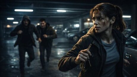 Žena přetížena utíká před hrozbou, řeší mnoho věcí najednou, přičemž ji selhává pracovní paměť.