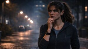 žena jde sama ulicí v&nbsp;noci a&nbsp;přemýšlí nad situací sebeobrany