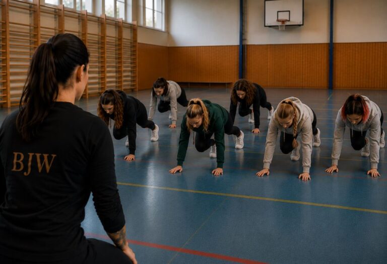 Trenérka vede workshop osobní bezpečnosti ve školní tělocvičně, ženy napodobují obranné a pohybové cviky - technický vztyk ze země.