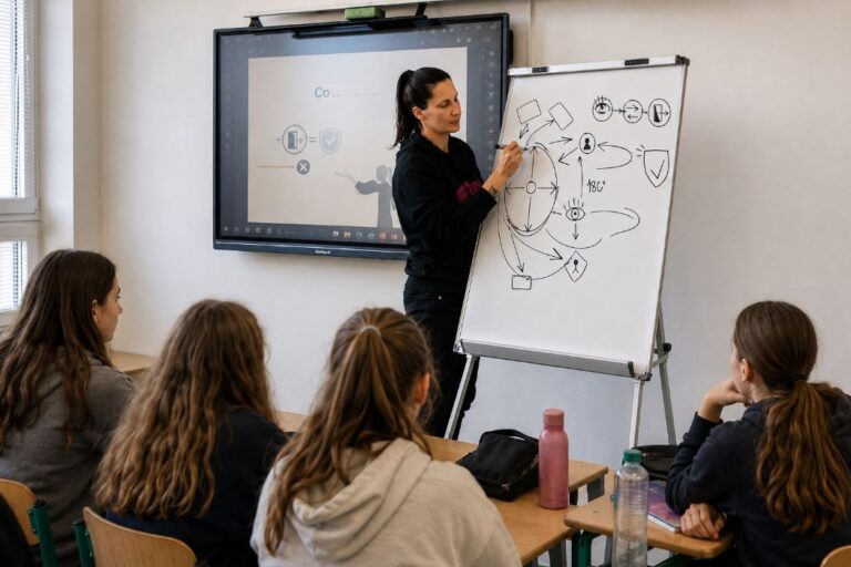 Lucie Hron vede Interaktivní blok osobní bezpečnosti na základní školy v Brně.